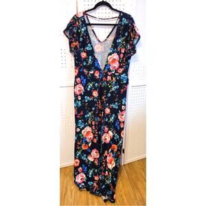 Urban Rose Women's Jumpsuit XL Black Floral Deep V Neck Empire Waist Boho Fairy
